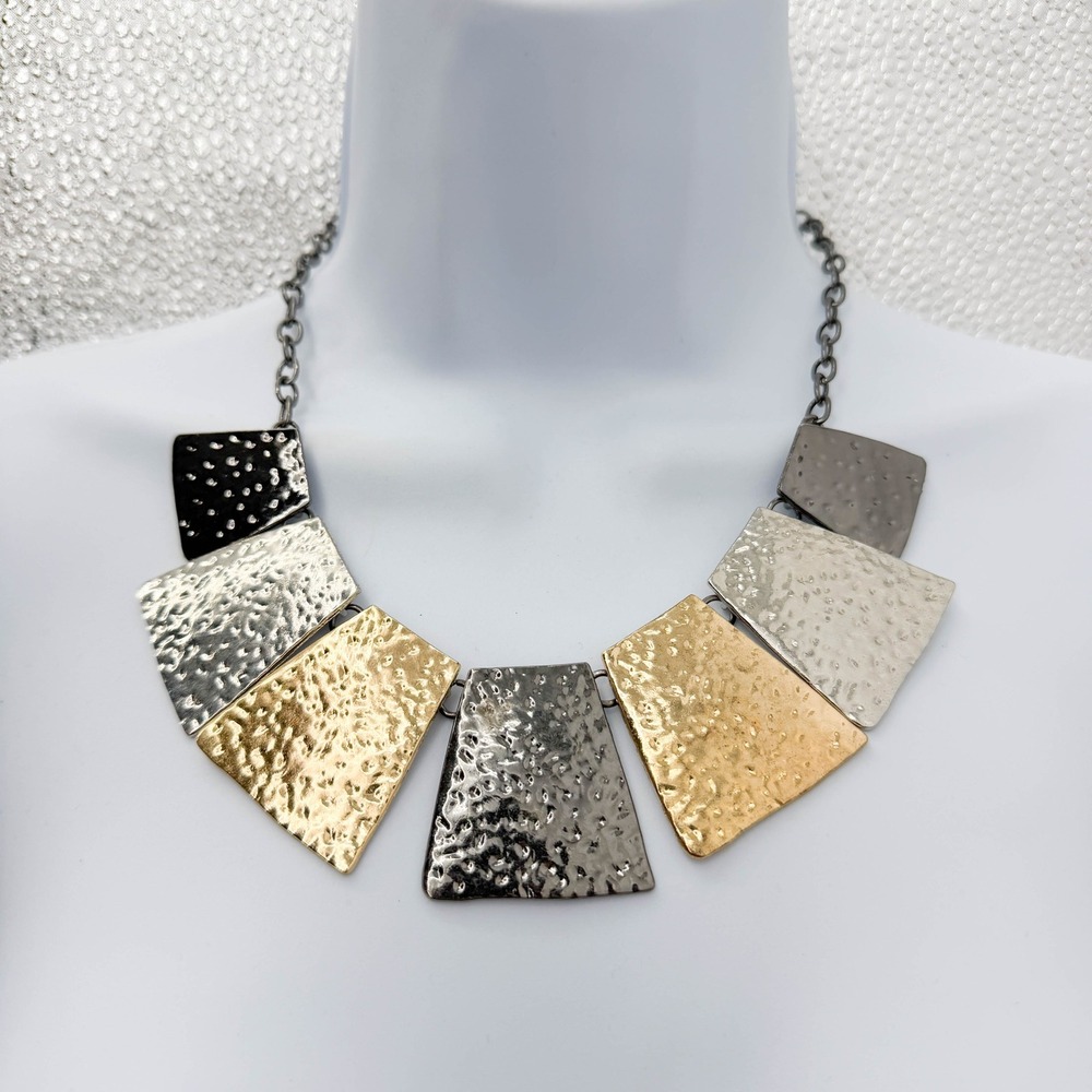 Mixed Metal Hammered Geometric Bib Necklace Gold Silver Gunmetal Industrial